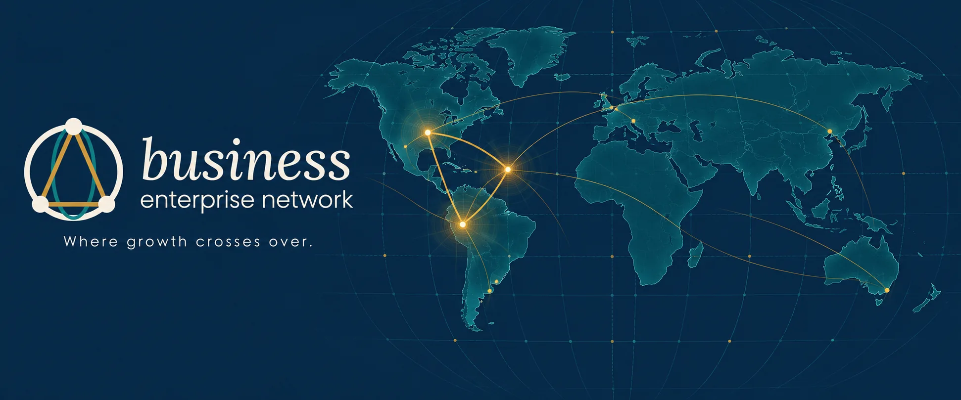 Brand banner: the business enterprise network mark beside a stylized world map with golden connections crossing the Americas.